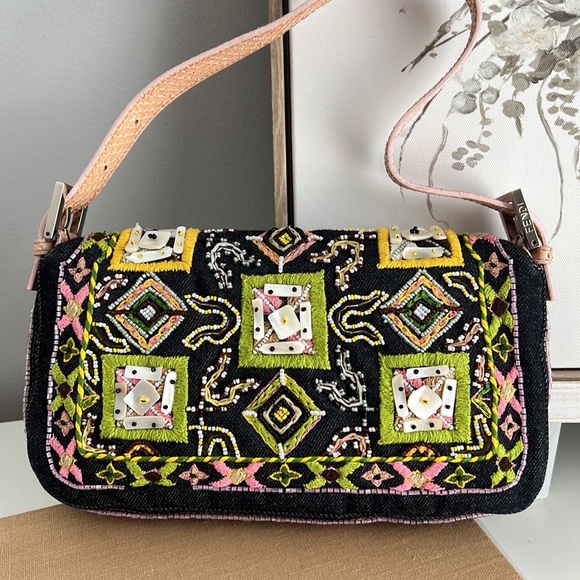 Vintage FENDI denim embroidery beaded baguette bag - Picture 3 of 10